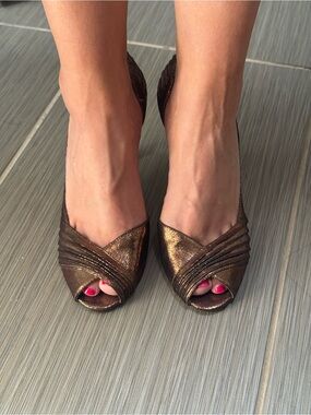 Adrianna Papell Bronze Metallic Peep-Toe Heels